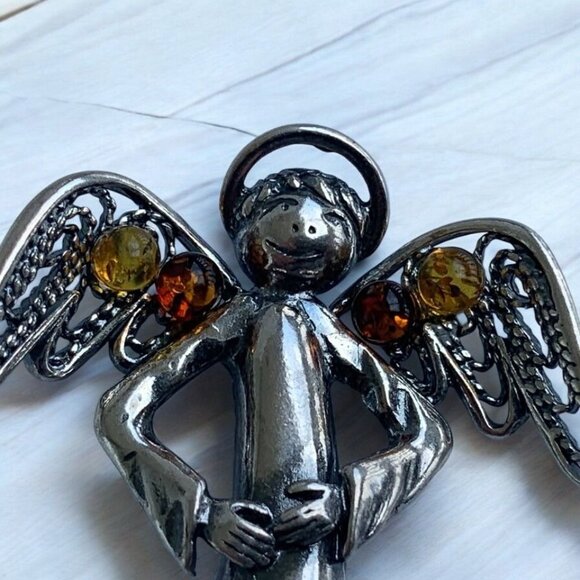 Sterling Silver Guardian Angel Pendant With Cognac Amber Detail Women's Jewelry - Picture 8 of 14